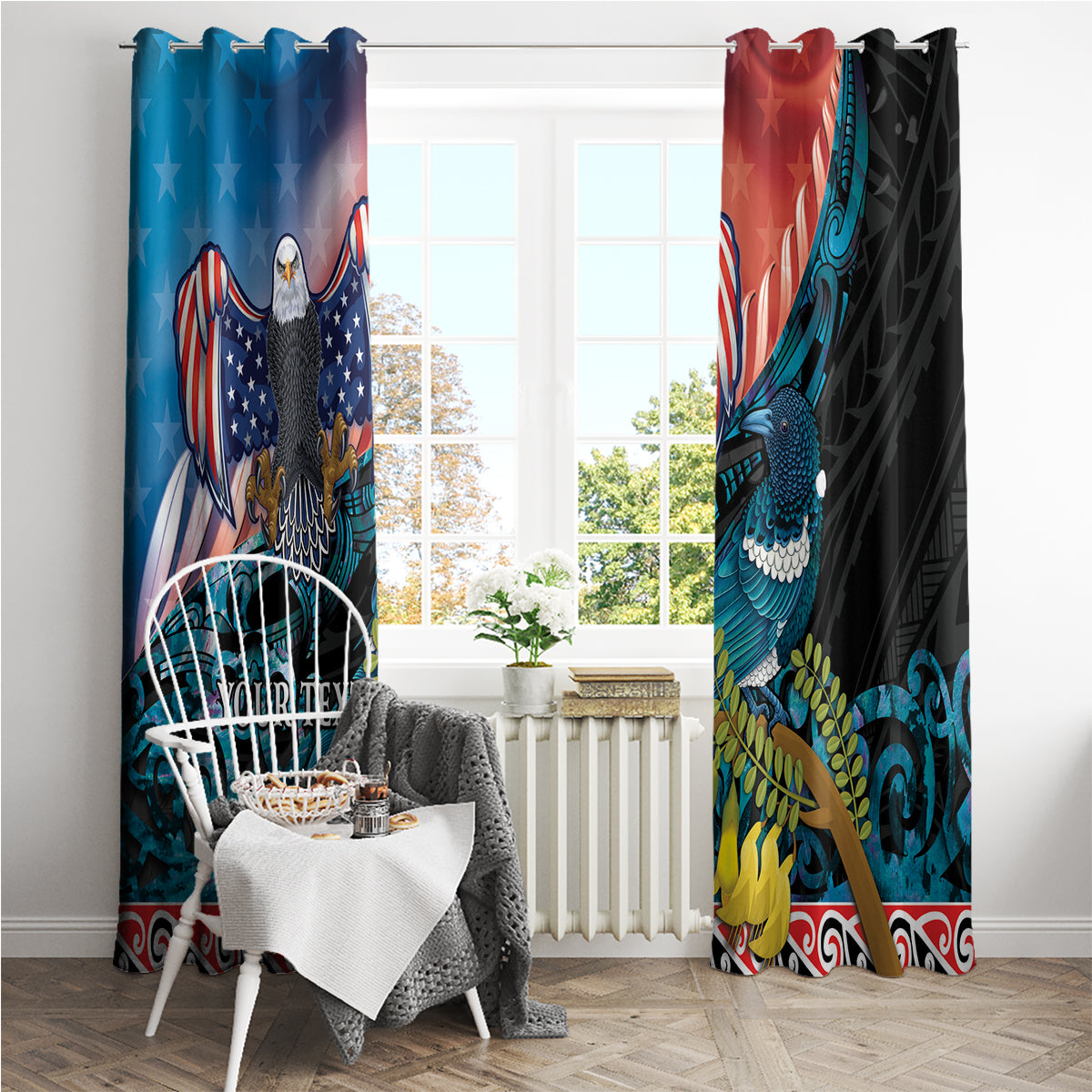 Personalised United States And New Zealand Window Curtain USA Eagle With Kowhai Aotearoa Tui Bird LT14 - Polynesian Pride
