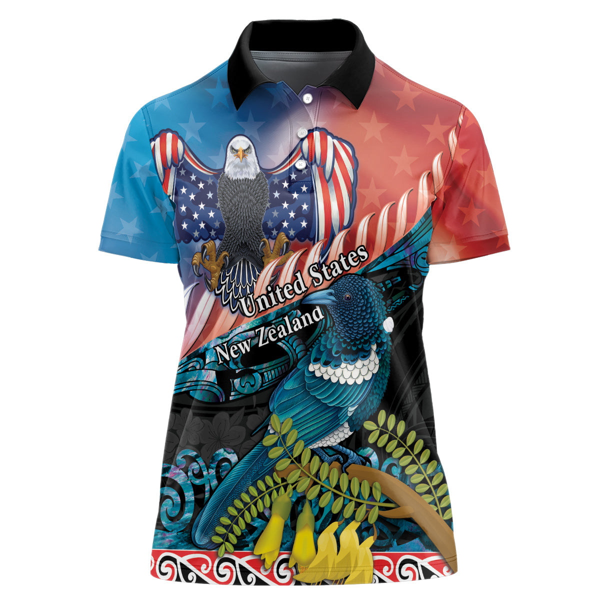 Personalised United States And New Zealand Women Polo Shirt USA Eagle With Kowhai Aotearoa Tui Bird