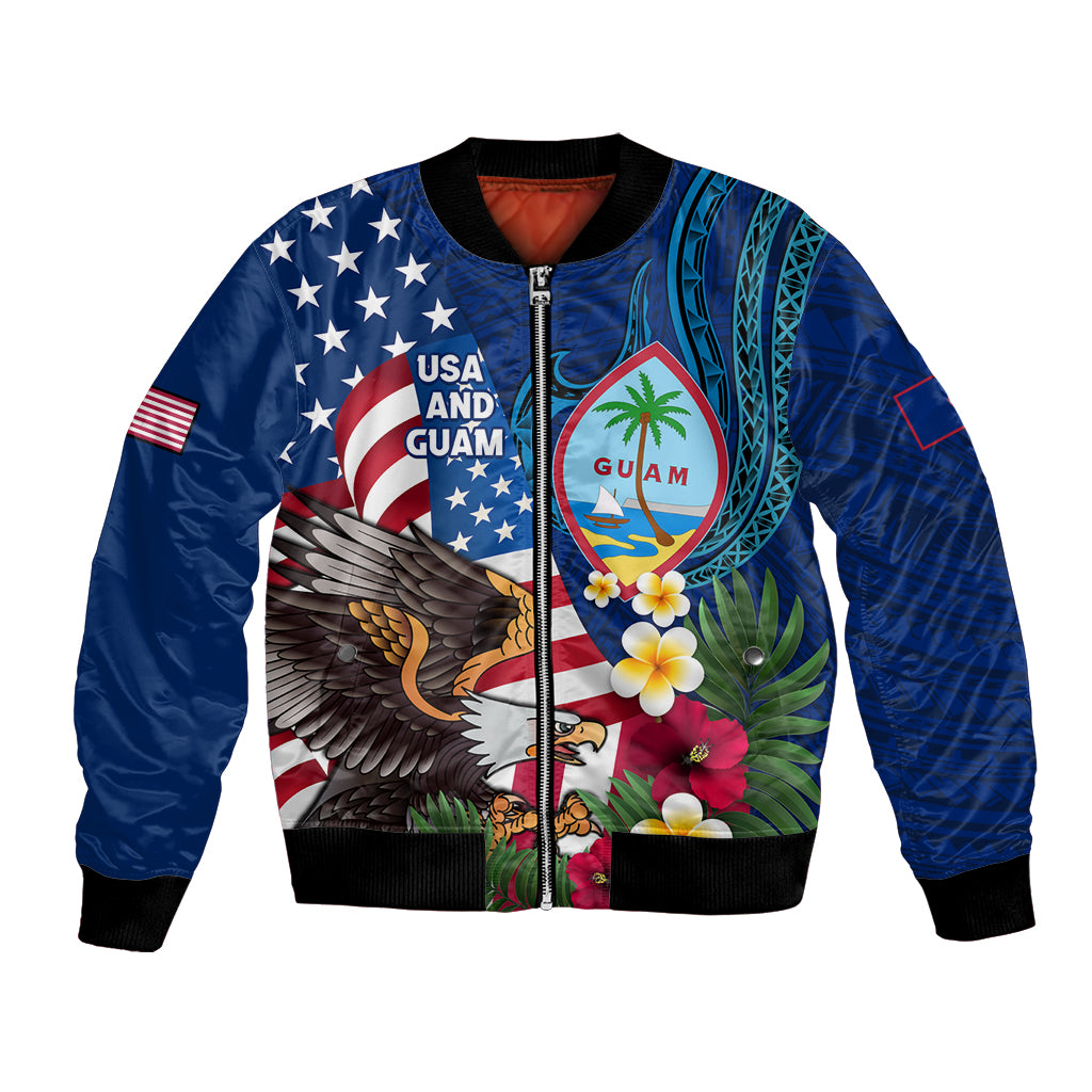 Personalised United States And Guam Bomber Jacket USA Eagle With Guahan Seal Tropical Vibes