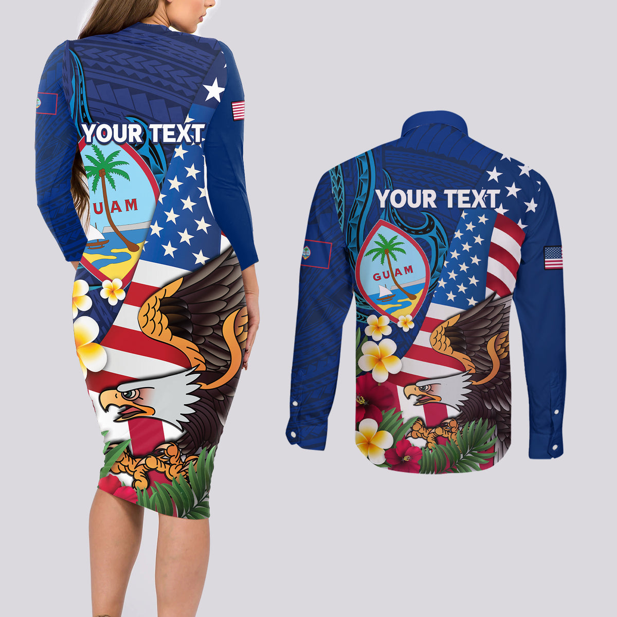 Personalised United States And Guam Couples Matching Long Sleeve Bodycon Dress and Long Sleeve Button Shirt USA Eagle With Guahan Seal Tropical Vibes