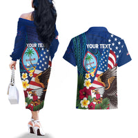 Personalised United States And Guam Couples Matching Off The Shoulder Long Sleeve Dress and Hawaiian Shirt USA Eagle With Guahan Seal Tropical Vibes