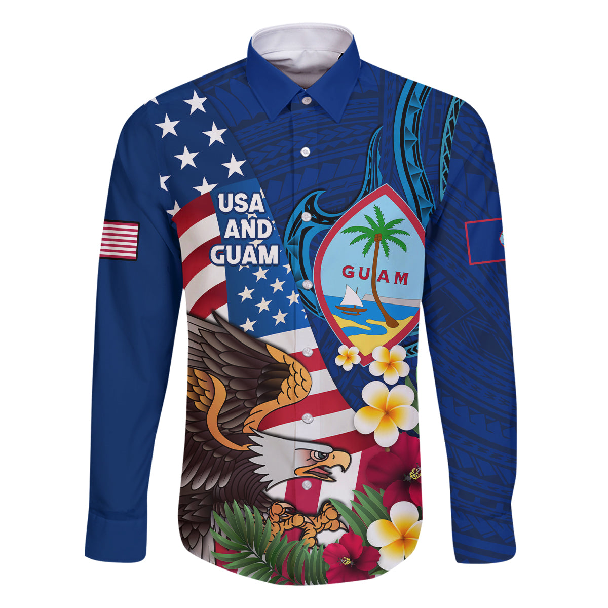 Personalised United States And Guam Family Matching Off Shoulder Short Dress and Hawaiian Shirt USA Eagle With Guahan Seal Tropical Vibes