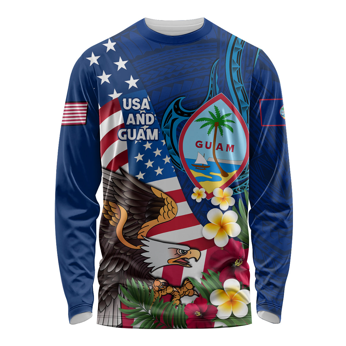 Personalised United States And Guam Long Sleeve Shirt USA Eagle With Guahan Seal Tropical Vibes LT14 Unisex Blue - Polynesian Pride