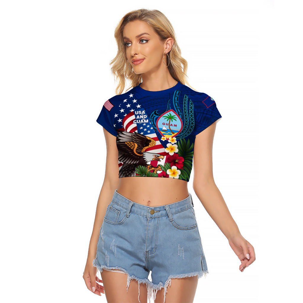 Personalised United States And Guam Raglan Cropped T Shirt USA Eagle With Guahan Seal Tropical Vibes