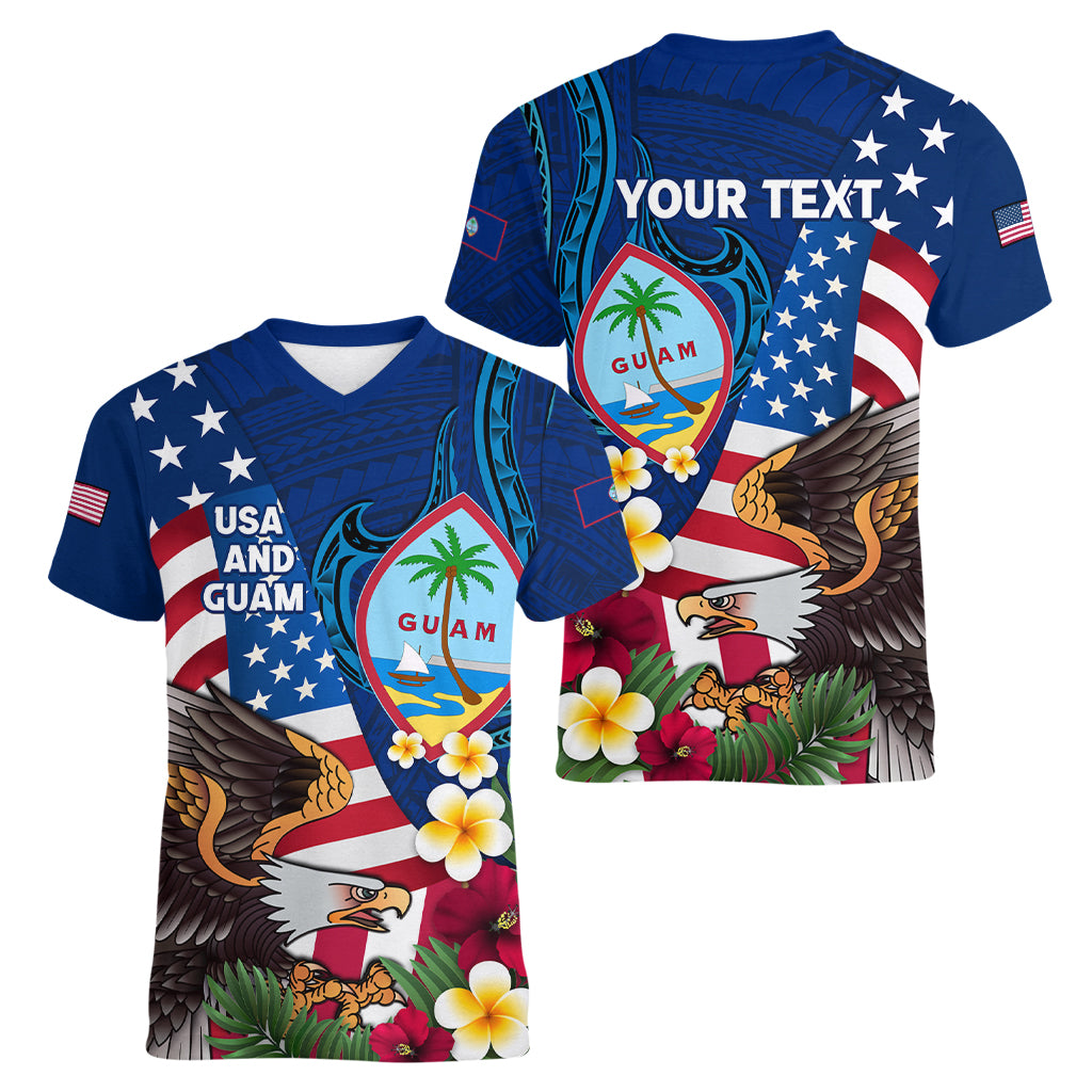 Personalised United States And Guam Women V Neck T Shirt USA Eagle With Guahan Seal Tropical Vibes