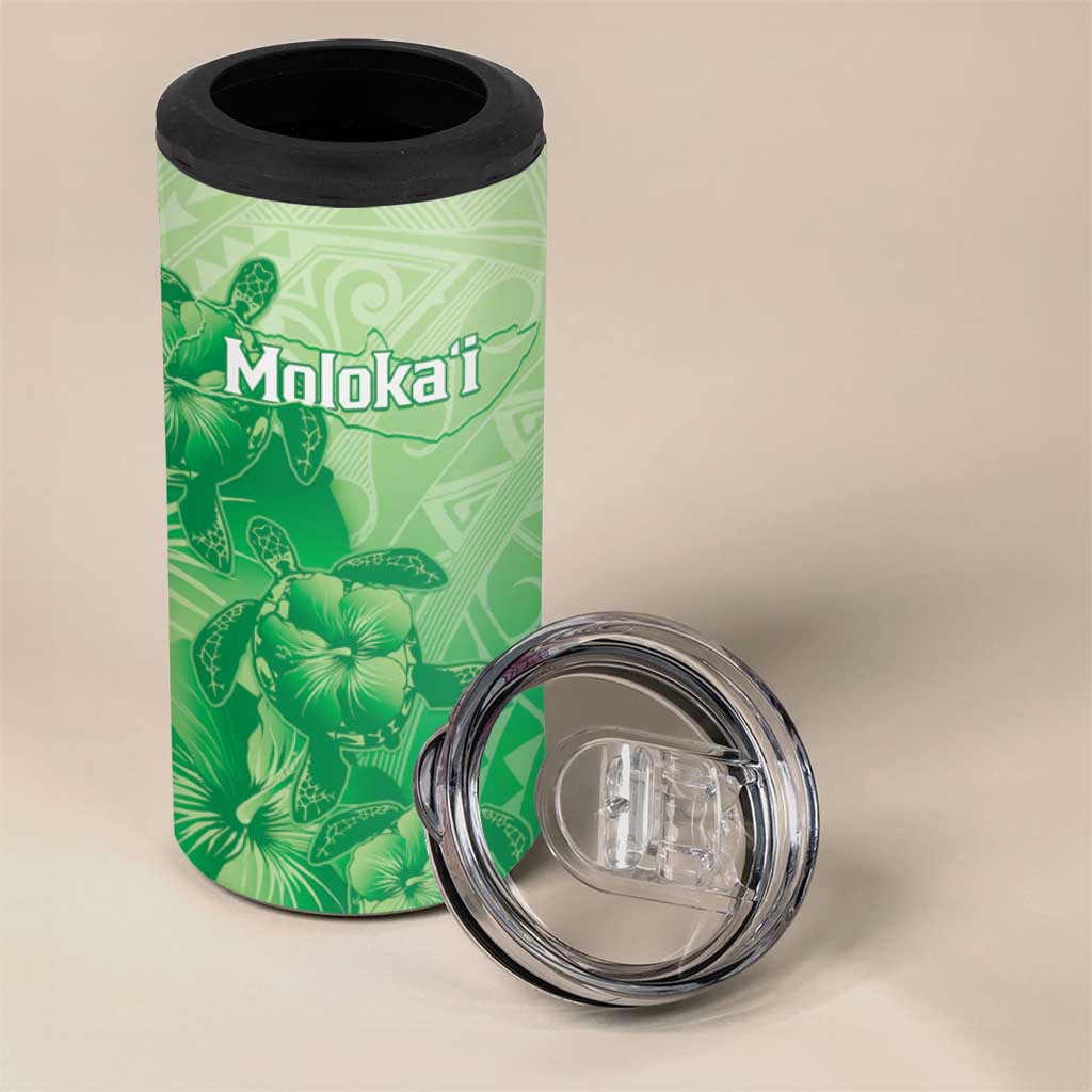 Aloha Hawaii Molokai Island 4 in 1 Can Cooler Tumbler Hibiscus Tribal Honu Hawaiian Tattoo Green