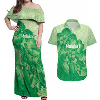 Aloha Hawaii Molokai Island Couples Matching Off Shoulder Maxi Dress and Hawaiian Shirt Hibiscus Tribal Honu Hawaiian Tattoo Green