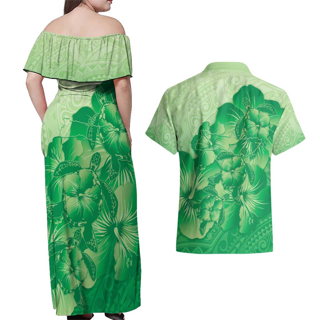 Aloha Hawaii Molokai Island Couples Matching Off Shoulder Maxi Dress and Hawaiian Shirt Hibiscus Tribal Honu Hawaiian Tattoo Green