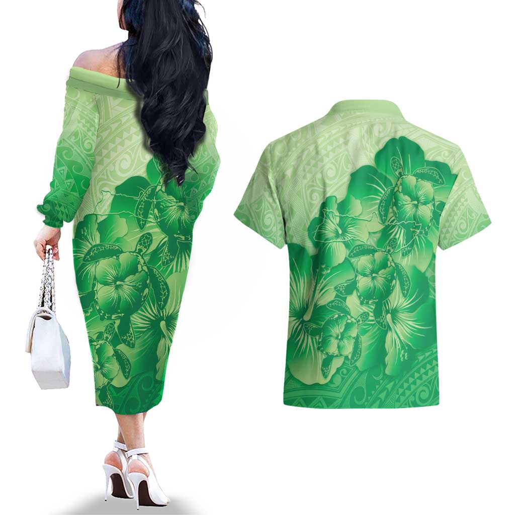 Aloha Hawaii Molokai Island Couples Matching Off The Shoulder Long Sleeve Dress and Hawaiian Shirt Hibiscus Tribal Honu Hawaiian Tattoo Green