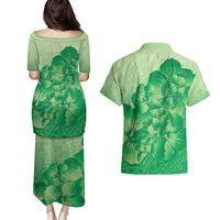 Aloha Hawaii Molokai Island Couples Matching Puletasi and Hawaiian Shirt Hibiscus Tribal Honu Hawaiian Tattoo Green
