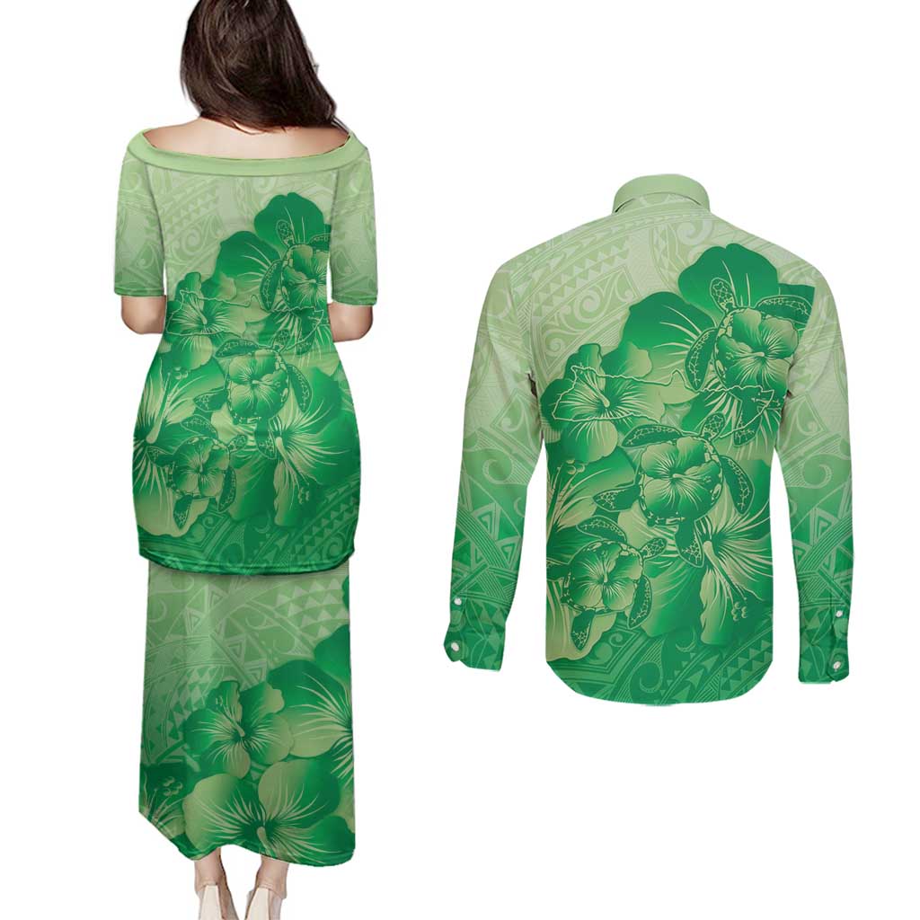 Aloha Hawaii Molokai Island Couples Matching Puletasi and Long Sleeve Button Shirt Hibiscus Tribal Honu Hawaiian Tattoo Green
