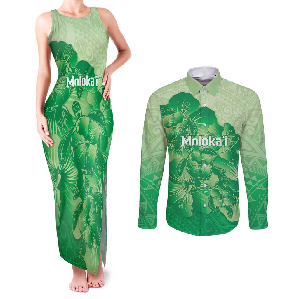 Aloha Hawaii Molokai Island Couples Matching Tank Maxi Dress and Long Sleeve Button Shirt Hibiscus Tribal Honu Hawaiian Tattoo Green