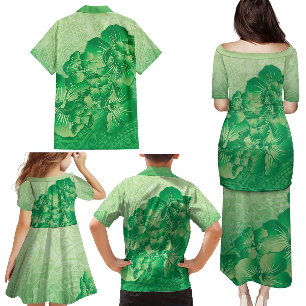 Aloha Hawaii Molokai Island Family Matching Puletasi and Hawaiian Shirt Hibiscus Tribal Honu Hawaiian Tattoo Green