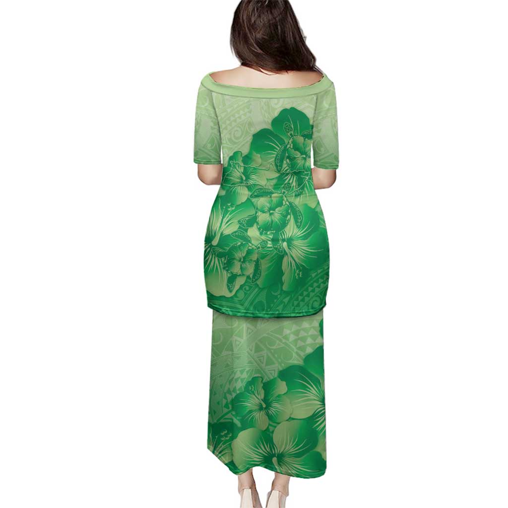 Aloha Hawaii Molokai Island Family Matching Puletasi and Hawaiian Shirt Hibiscus Tribal Honu Hawaiian Tattoo Green