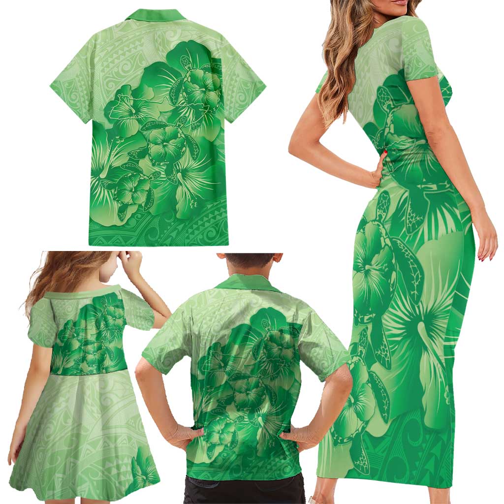 Aloha Hawaii Molokai Island Family Matching Short Sleeve Bodycon Dress and Hawaiian Shirt Hibiscus Tribal Honu Hawaiian Tattoo Green