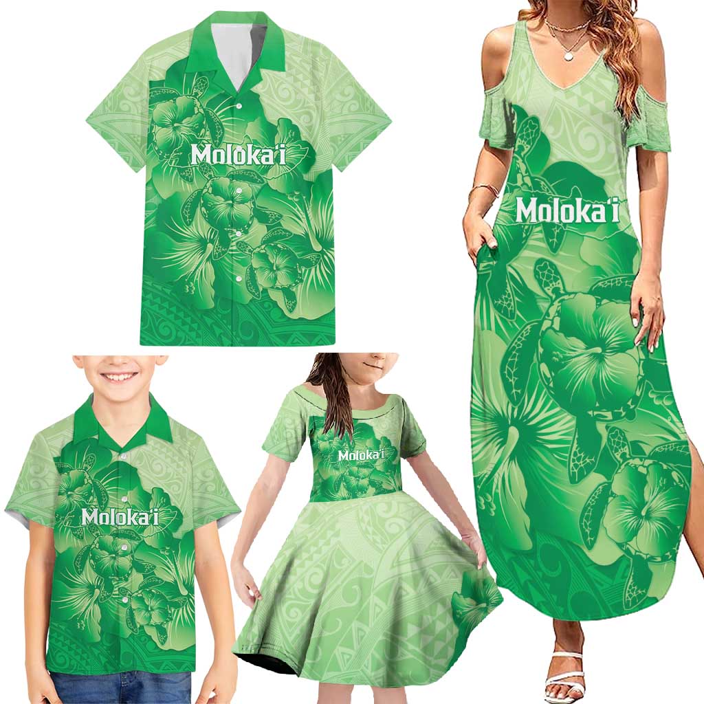 Aloha Hawaii Molokai Island Family Matching Summer Maxi Dress and Hawaiian Shirt Hibiscus Tribal Honu Hawaiian Tattoo Green