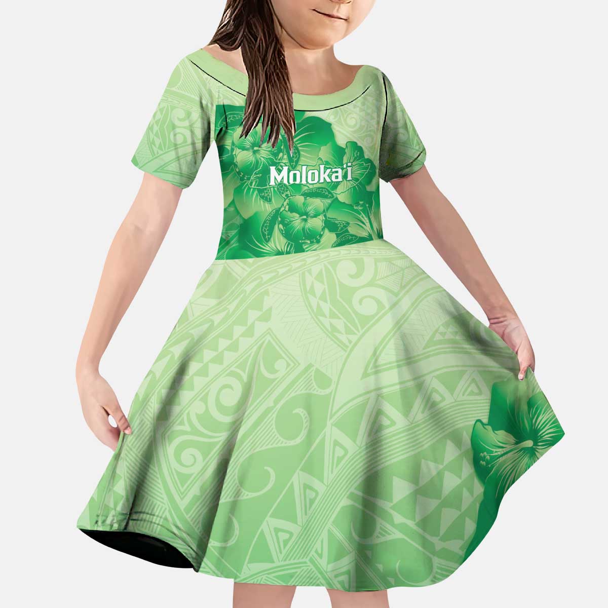 Aloha Hawaii Molokai Island Kid Short Sleeve Dress Hibiscus Tribal Honu Hawaiian Tattoo Green
