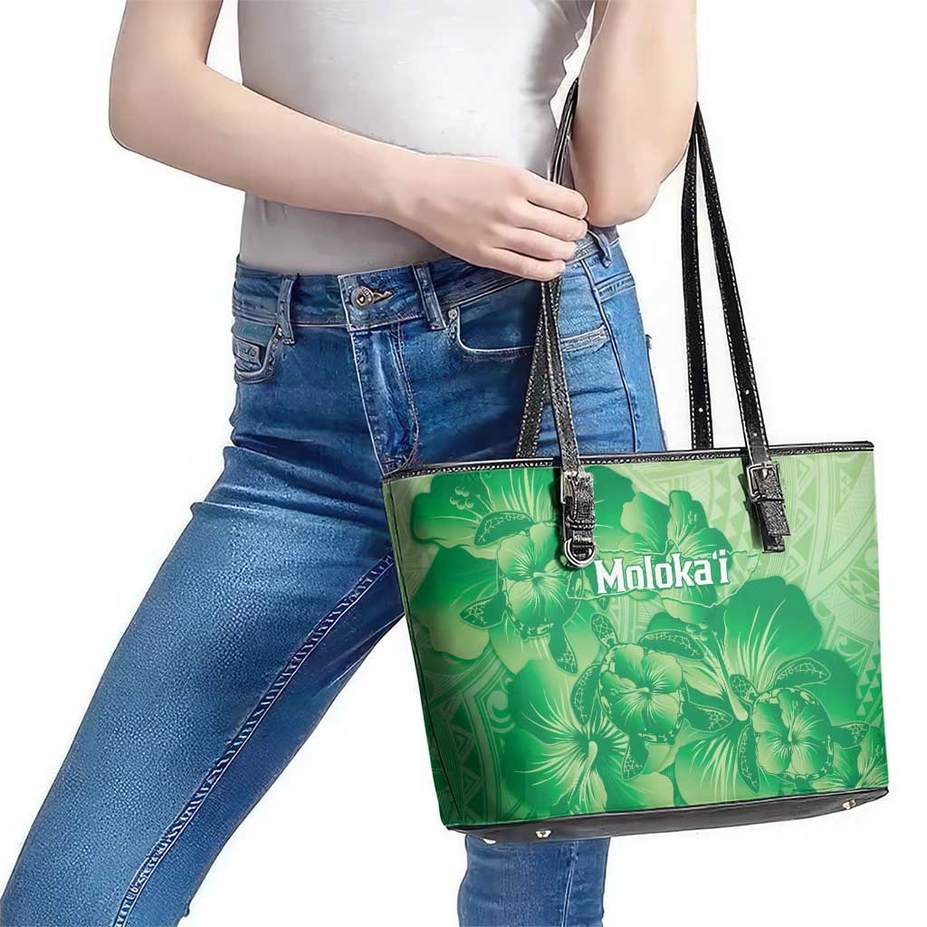 Aloha Hawaii Molokai Island Leather Tote Bag Hibiscus Tribal Honu Hawaiian Tattoo Green