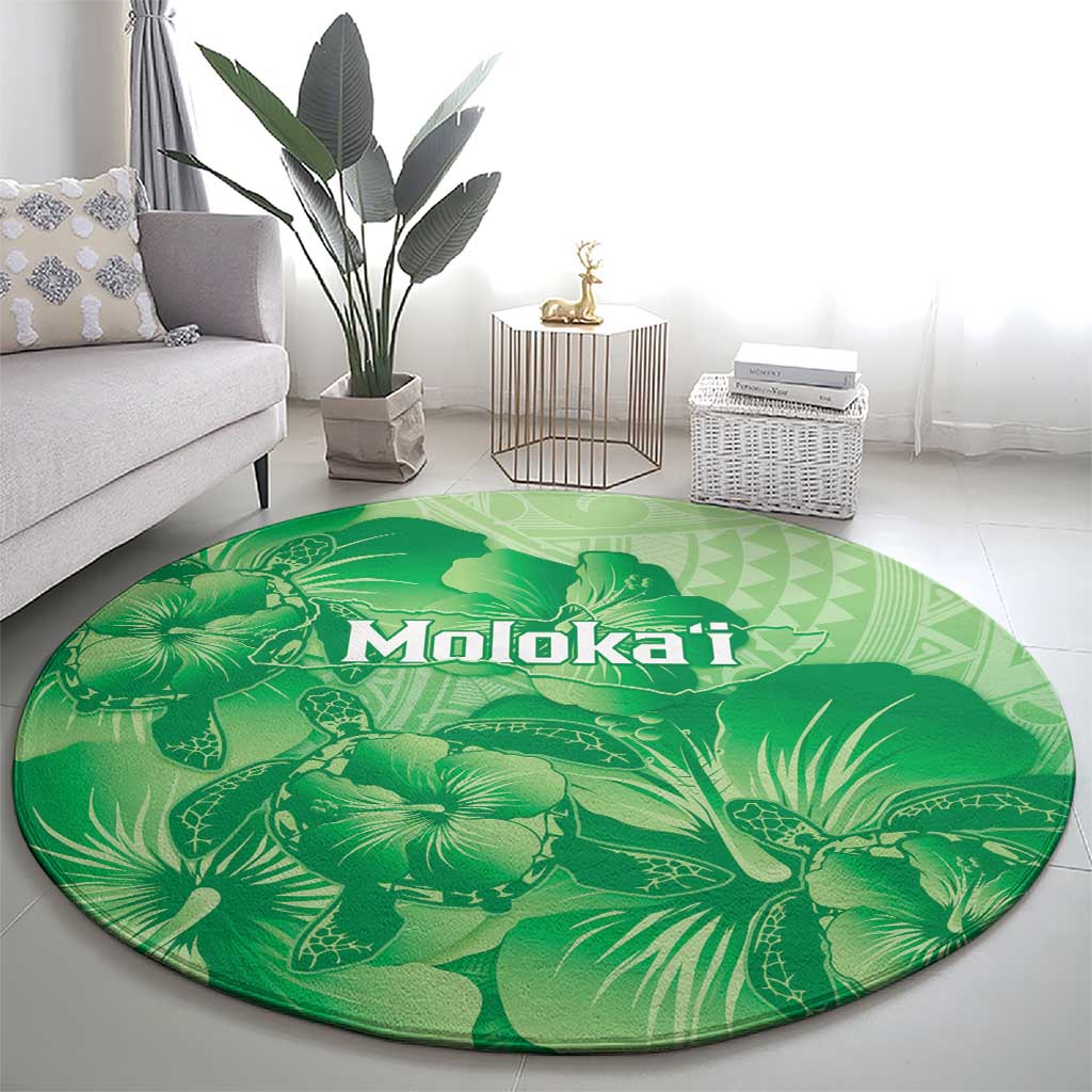 Aloha Hawaii Molokai Island Round Carpet Hibiscus Tribal Honu Hawaiian Tattoo Green