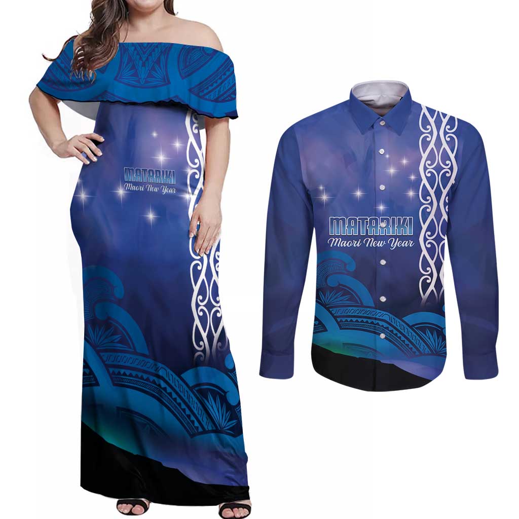 Personalised Matariki New Zealand Couples Matching Off Shoulder Maxi Dress and Long Sleeve Button Shirt Maori New Year Galaxy Koru Pattern LT14 Blue - Polynesian Pride