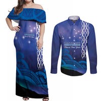 Personalised Matariki New Zealand Couples Matching Off Shoulder Maxi Dress and Long Sleeve Button Shirt Maori New Year Galaxy Koru Pattern LT14 Blue - Polynesian Pride