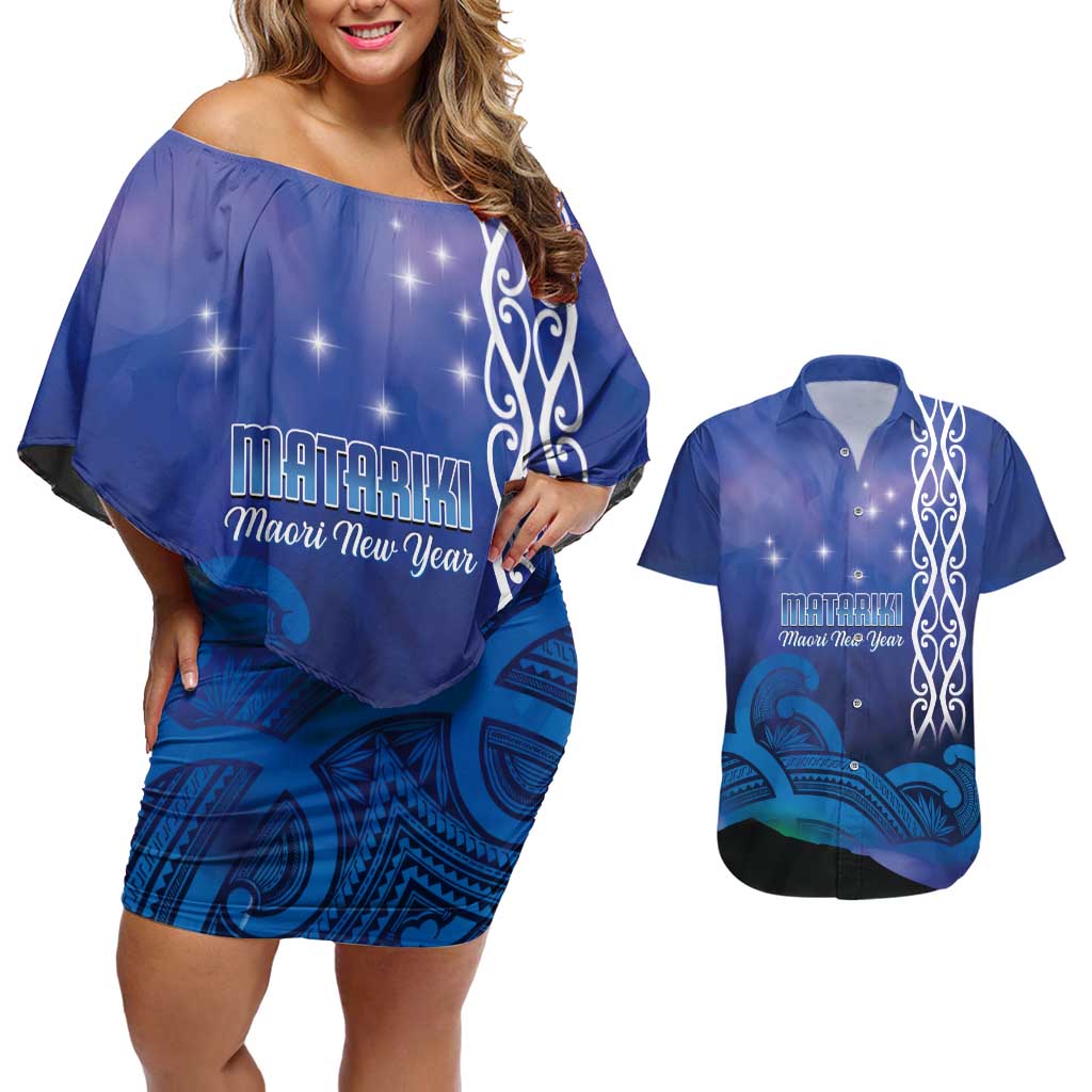 Personalised Matariki New Zealand Couples Matching Off Shoulder Short Dress and Hawaiian Shirt Maori New Year Galaxy Koru Pattern