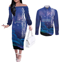 Personalised Matariki New Zealand Couples Matching Off The Shoulder Long Sleeve Dress and Long Sleeve Button Shirt Maori New Year Galaxy Koru Pattern LT14 Blue - Polynesian Pride