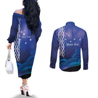 Personalised Matariki New Zealand Couples Matching Off The Shoulder Long Sleeve Dress and Long Sleeve Button Shirt Maori New Year Galaxy Koru Pattern LT14 - Polynesian Pride