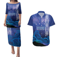 Personalised Matariki New Zealand Couples Matching Puletasi and Hawaiian Shirt Maori New Year Galaxy Koru Pattern LT14 Blue - Polynesian Pride