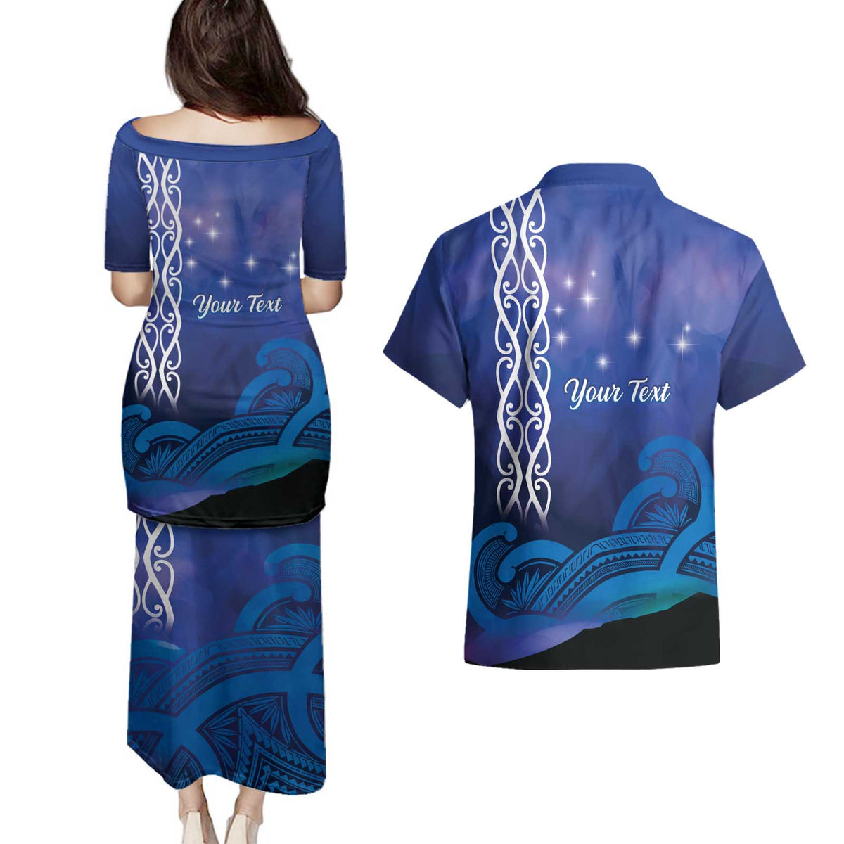 Personalised Matariki New Zealand Couples Matching Puletasi and Hawaiian Shirt Maori New Year Galaxy Koru Pattern LT14 - Polynesian Pride