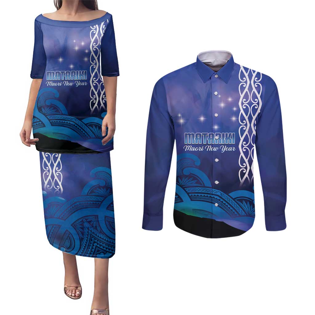 Personalised Matariki New Zealand Couples Matching Puletasi and Long Sleeve Button Shirt Maori New Year Galaxy Koru Pattern LT14 Blue - Polynesian Pride