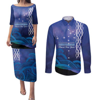 Personalised Matariki New Zealand Couples Matching Puletasi and Long Sleeve Button Shirt Maori New Year Galaxy Koru Pattern LT14 Blue - Polynesian Pride