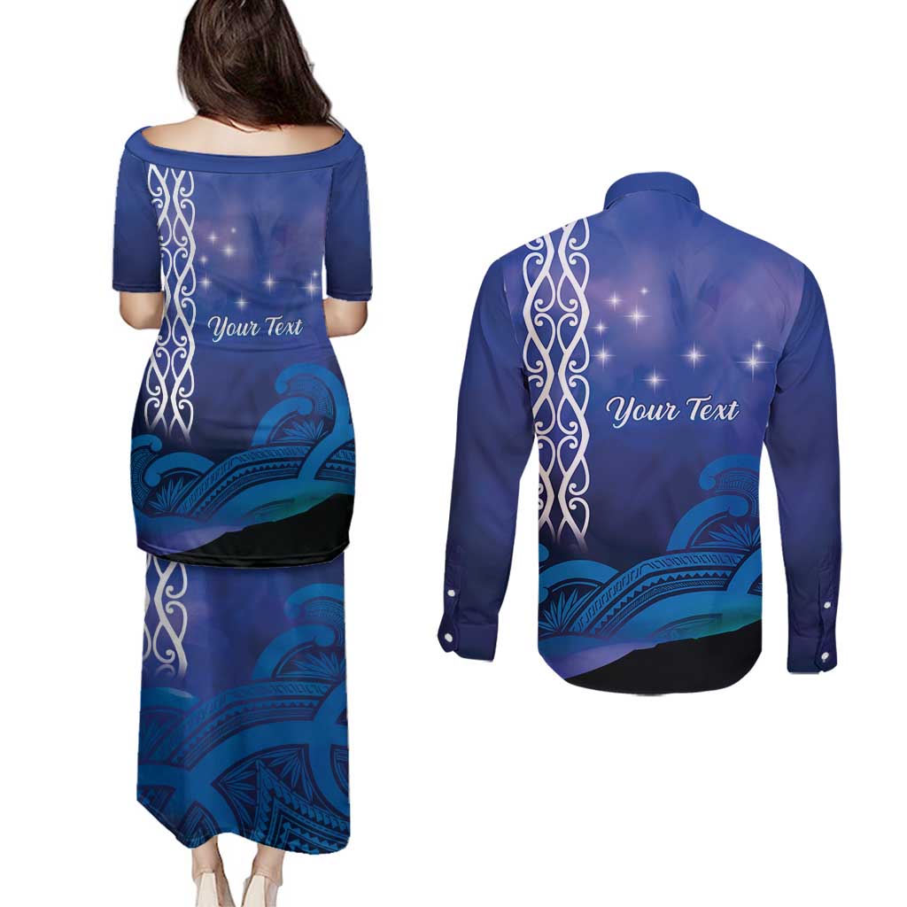 Personalised Matariki New Zealand Couples Matching Puletasi and Long Sleeve Button Shirt Maori New Year Galaxy Koru Pattern LT14 - Polynesian Pride