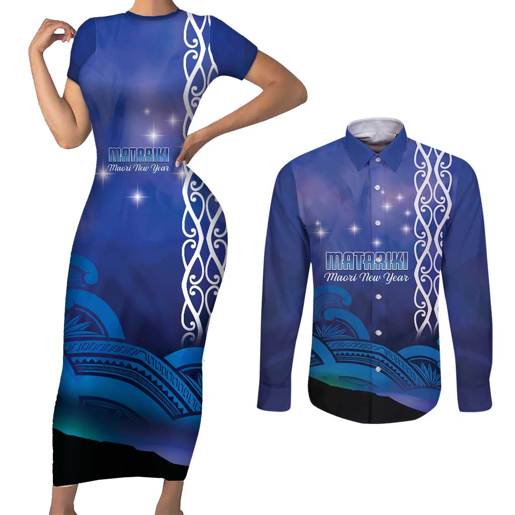 Personalised Matariki New Zealand Couples Matching Short Sleeve Bodycon Dress and Long Sleeve Button Shirt Maori New Year Galaxy Koru Pattern LT14 Blue - Polynesian Pride