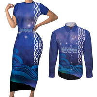 Personalised Matariki New Zealand Couples Matching Short Sleeve Bodycon Dress and Long Sleeve Button Shirt Maori New Year Galaxy Koru Pattern LT14 Blue - Polynesian Pride