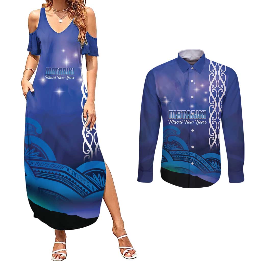 Personalised Matariki New Zealand Couples Matching Summer Maxi Dress and Long Sleeve Button Shirt Maori New Year Galaxy Koru Pattern LT14 Blue - Polynesian Pride