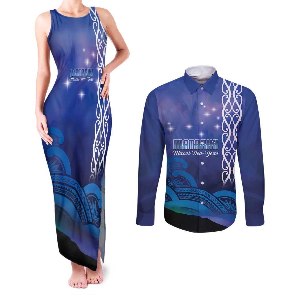 Personalised Matariki New Zealand Couples Matching Tank Maxi Dress and Long Sleeve Button Shirt Maori New Year Galaxy Koru Pattern LT14 Blue - Polynesian Pride