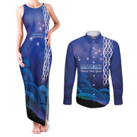 Personalised Matariki New Zealand Couples Matching Tank Maxi Dress and Long Sleeve Button Shirt Maori New Year Galaxy Koru Pattern LT14 Blue - Polynesian Pride