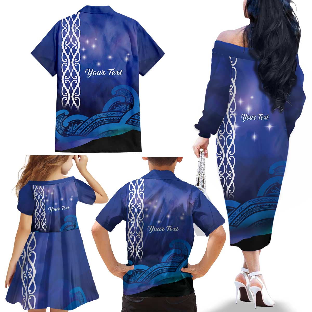 Personalised Matariki New Zealand Family Matching Off The Shoulder Long Sleeve Dress and Hawaiian Shirt Maori New Year Galaxy Koru Pattern
