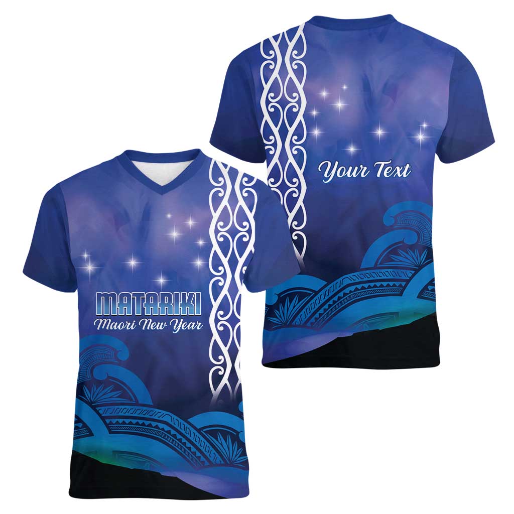 Personalised Matariki New Zealand Women V-Neck T-Shirt Maori New Year Galaxy Koru Pattern LT14 - Polynesian Pride