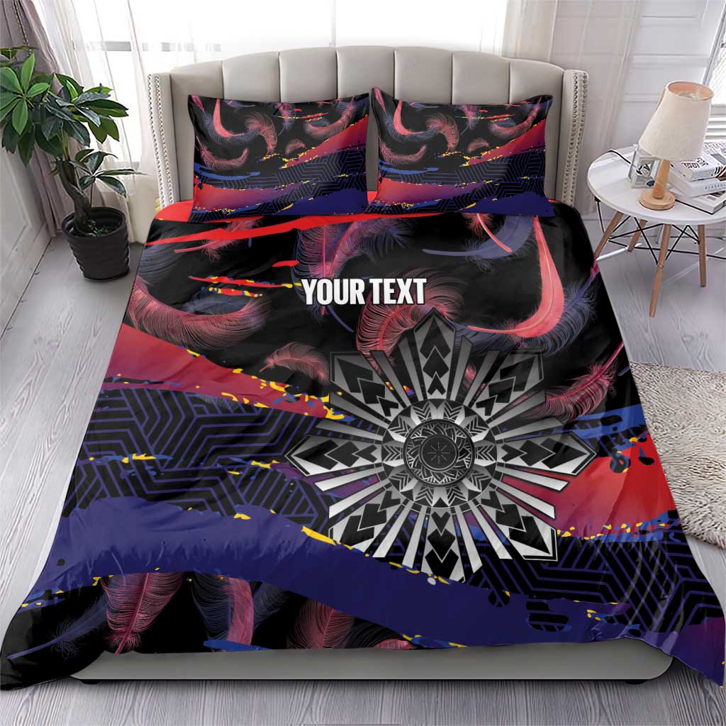 Philippines Sun Tattoo Bedding Set Feathers Filipinas Grunge Style Black