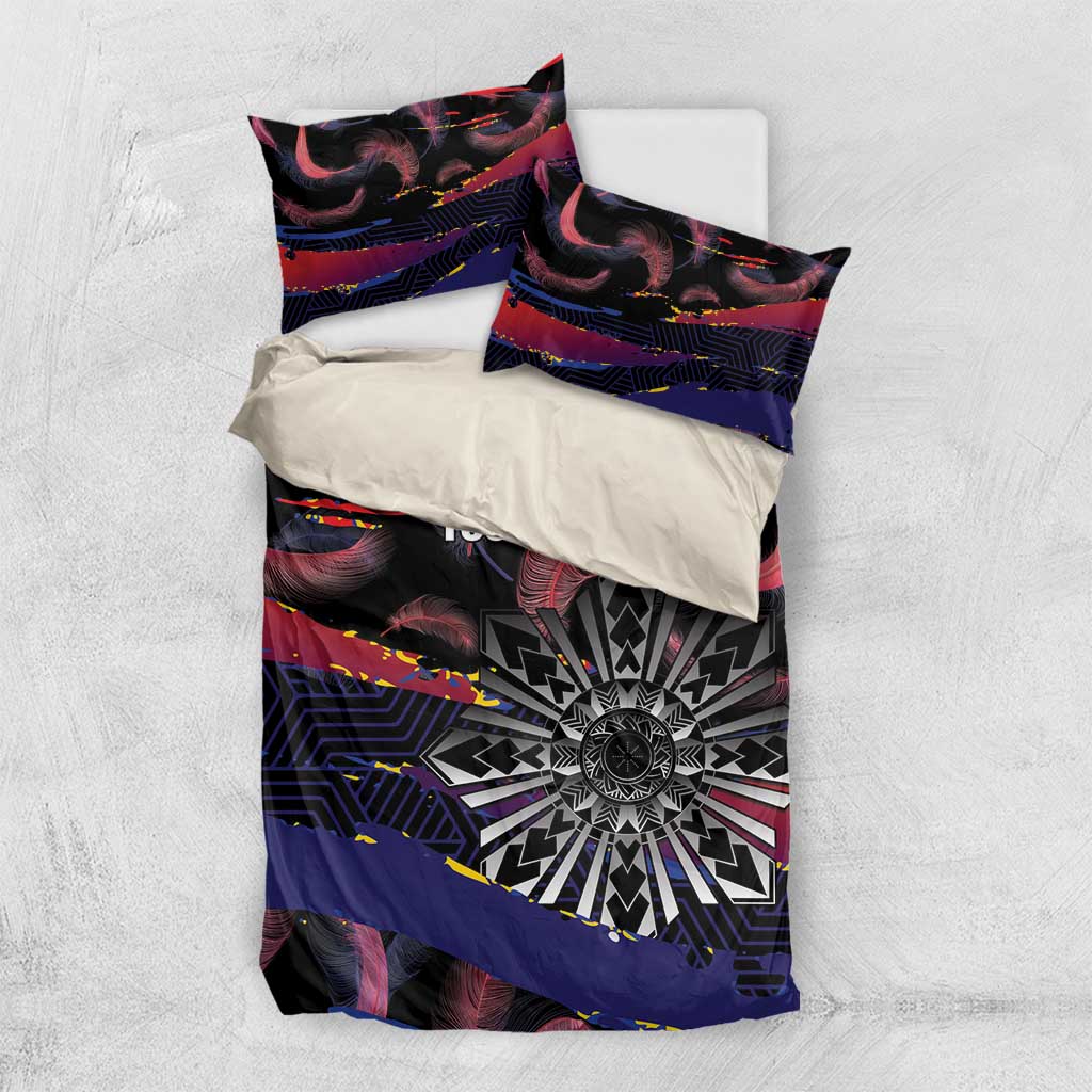 Philippines Sun Tattoo Bedding Set Feathers Filipinas Grunge Style Black