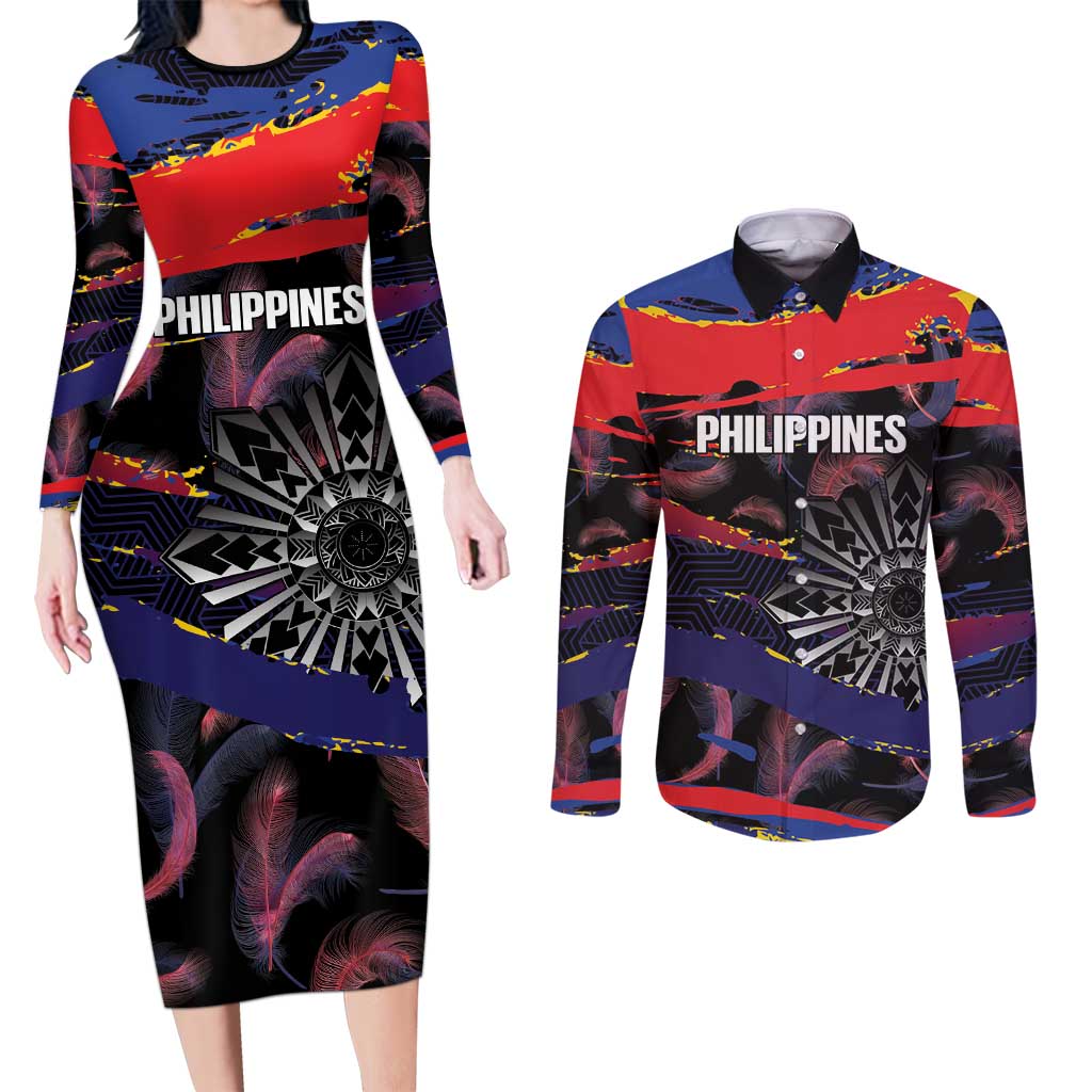 Philippines Sun Tattoo Couples Matching Long Sleeve Bodycon Dress and Long Sleeve Button Shirt Feathers Filipinas Grunge Style Black LT14 Black - Polynesian Pride