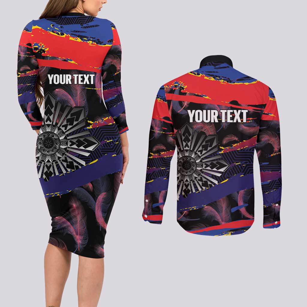 Philippines Sun Tattoo Couples Matching Long Sleeve Bodycon Dress and Long Sleeve Button Shirt Feathers Filipinas Grunge Style Black LT14 - Polynesian Pride