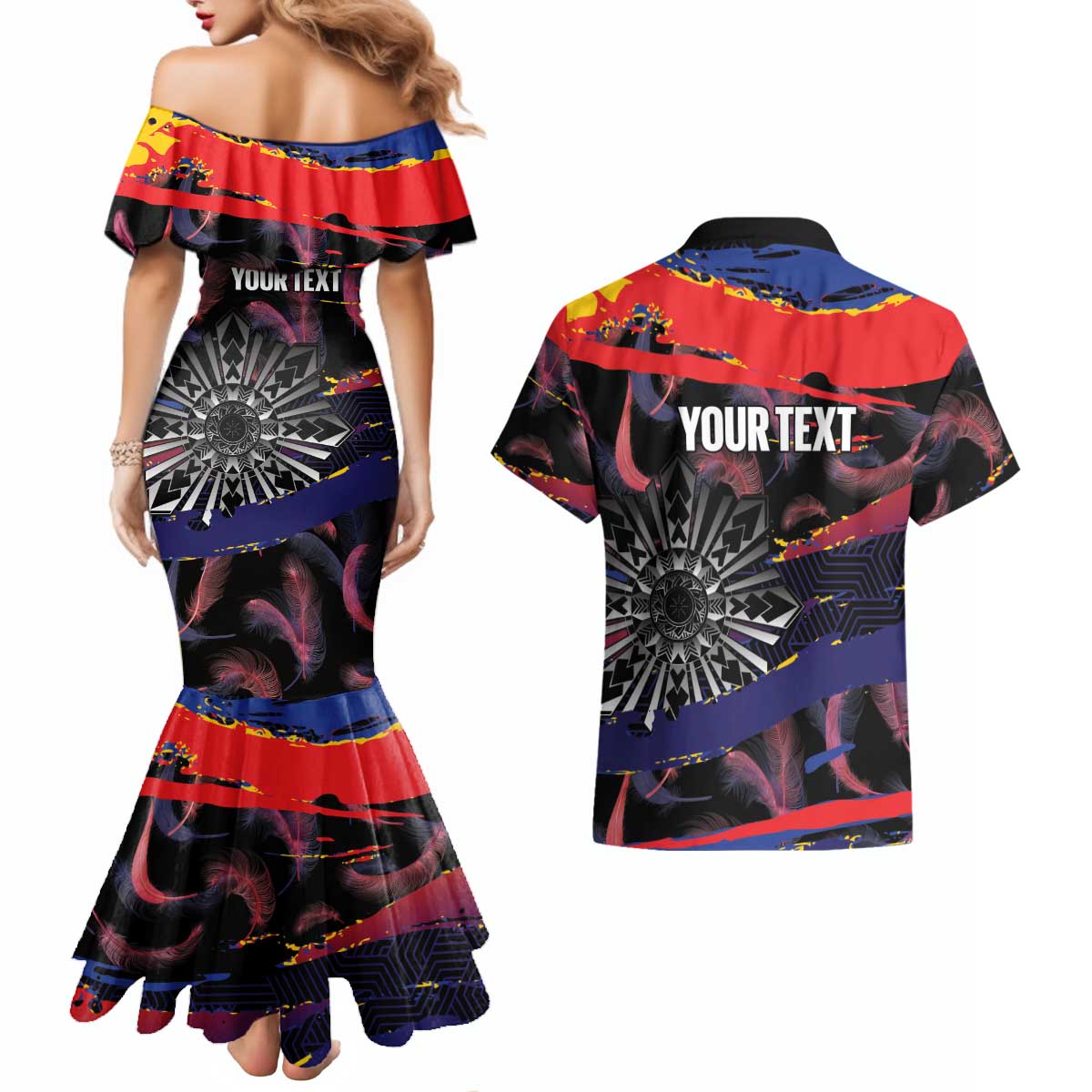 Philippines Sun Tattoo Couples Matching Mermaid Dress and Hawaiian Shirt Feathers Filipinas Grunge Style Black LT14 - Polynesian Pride