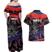 Philippines Sun Tattoo Couples Matching Off Shoulder Maxi Dress and Hawaiian Shirt Feathers Filipinas Grunge Style Black LT14 - Polynesian Pride