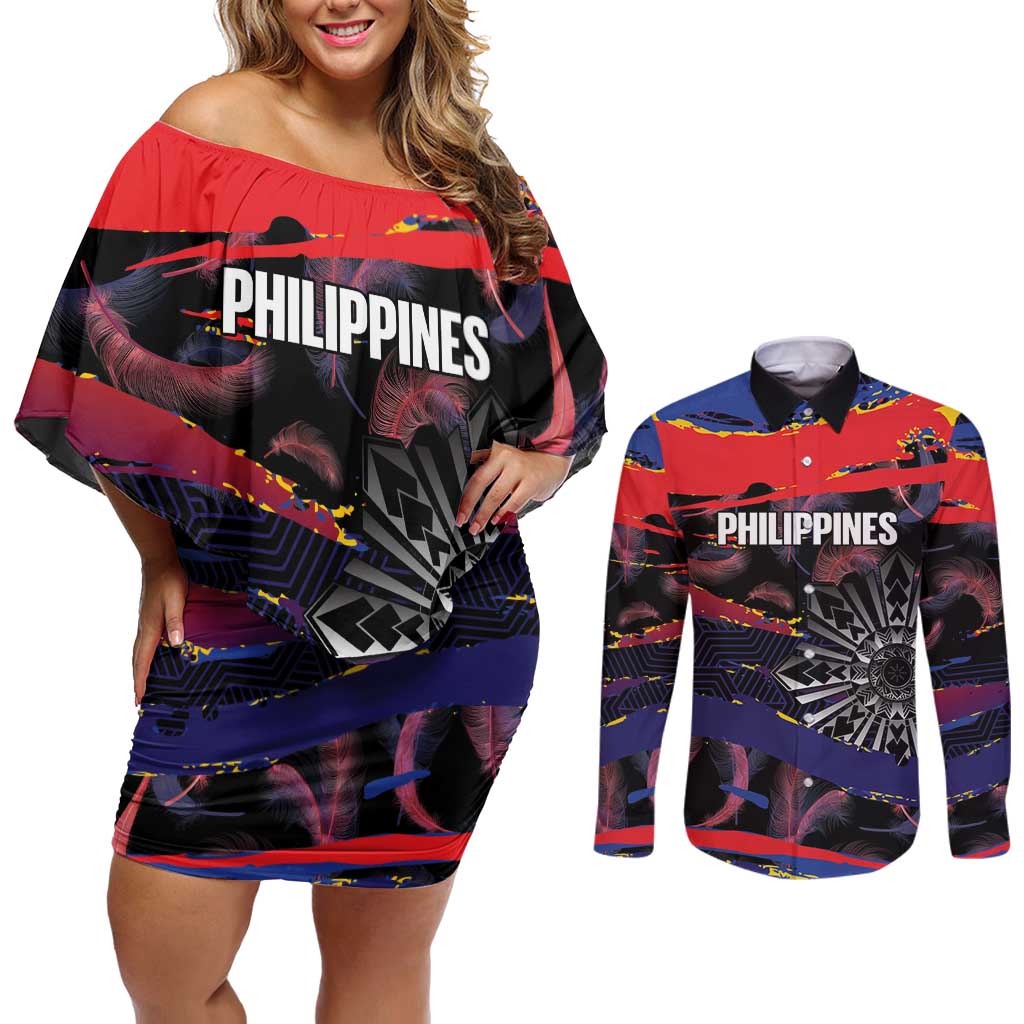 Philippines Sun Tattoo Couples Matching Off Shoulder Short Dress and Long Sleeve Button Shirt Feathers Filipinas Grunge Style Black LT14 Black - Polynesian Pride