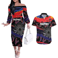 Philippines Sun Tattoo Couples Matching Off The Shoulder Long Sleeve Dress and Hawaiian Shirt Feathers Filipinas Grunge Style Black LT14 Black - Polynesian Pride