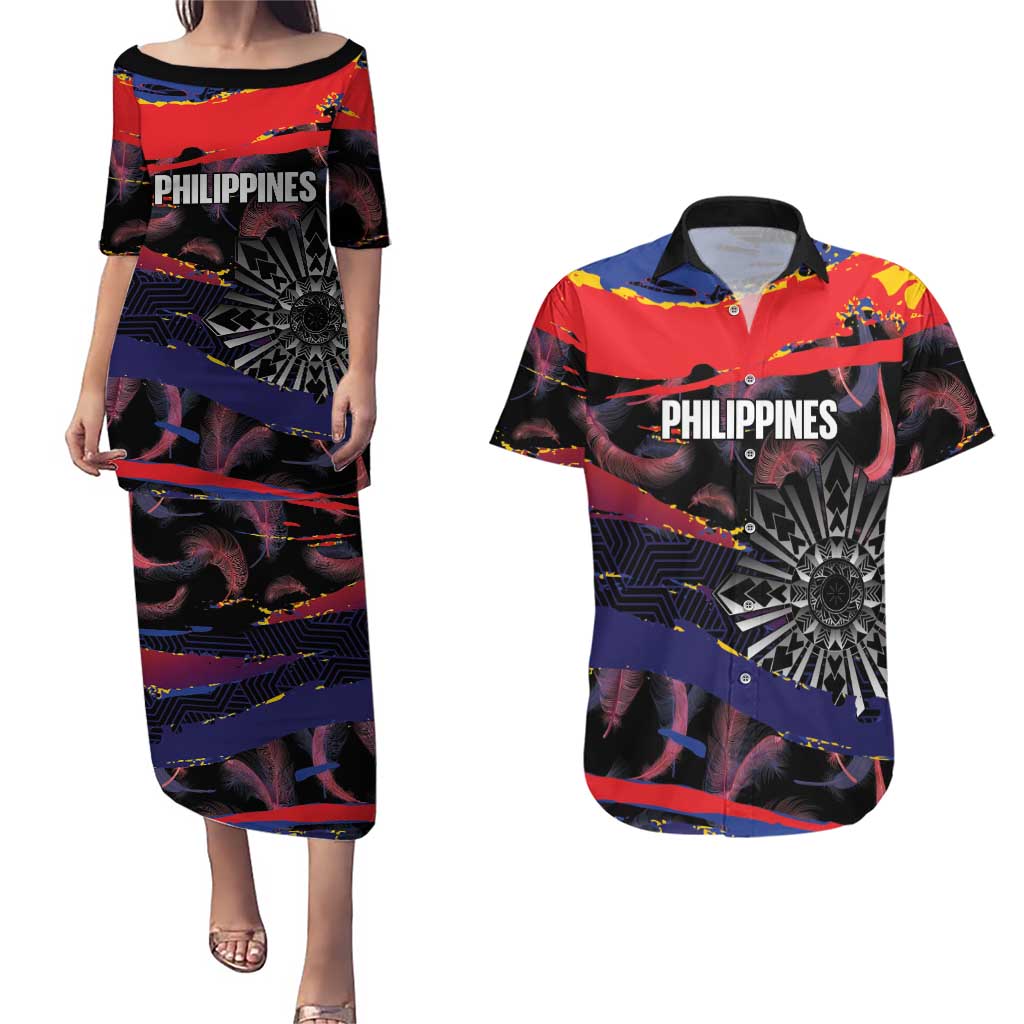 Philippines Sun Tattoo Couples Matching Puletasi and Hawaiian Shirt Feathers Filipinas Grunge Style Black