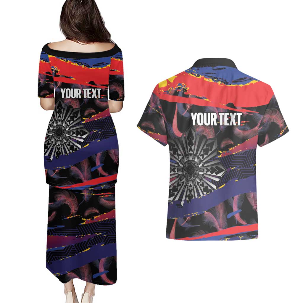Philippines Sun Tattoo Couples Matching Puletasi and Hawaiian Shirt Feathers Filipinas Grunge Style Black LT14 - Polynesian Pride
